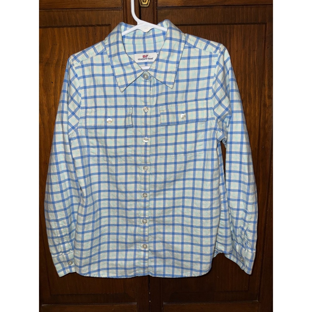 Vineyard Vines Boys Blue White Plaid Button Down Flannel Shirt Size 7 Whale Logo